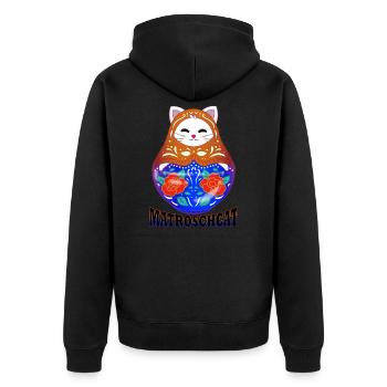 Matroschcat | Miauschka | Katze und Matroschka - Unisex Premium Bio Zip Hoodie - Schwarz - Hinten - Nico (187cm)