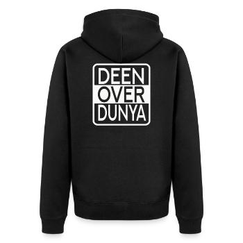 DEEN OVER DUNYA, "Glaube über die Welt" - Unisex Premium Bio Zip Hoodie - Schwarz - Hinten - Nico (187cm)