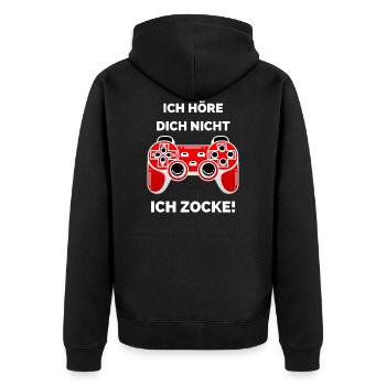 Ich höre dich nicht ich zocke! Spruch für Gamer - Unisex Premium Bio Zip Hoodie - Schwarz - Hinten - Nico (187cm)