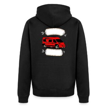 Van RT mit leerem Banner Pfeil - Unisex Premium Bio Zip Hoodie - Schwarz - Hinten - Nico (187cm)