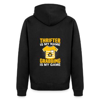 Thrift Shopper Thrifter Is My Name Gift - Unisex Premium Bio Zip Hoodie - Schwarz - Hinten - Nico (187cm)