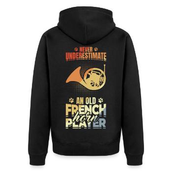 Unterschätze nie alte Waldhornspieler - Unisex Premium Bio Zip Hoodie - Schwarz - Hinten - Nico (187cm)