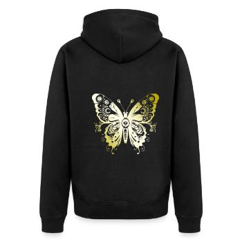 Schmetterling Mandala gold - Unisex Premium Bio Zip Hoodie - Schwarz - Hinten - Nico (187cm)
