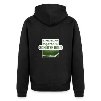 1. Regel am Bolzplatz: Schütze holt - Unisex Premium Bio Zip Hoodie - Schwarz - Hinten - Nico (187cm)