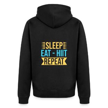 Fitness Fanatics Sleep Eat Hiit Repeat - Unisex Premium Bio Zip Hoodie - Schwarz - Hinten - Nico (187cm)