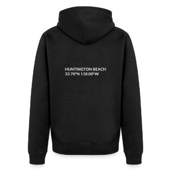 Huntington Beach, Californie, États-Unis Coordonnées - Veste à capuche bio Premium Unisexe - noir - Dos - Nico (187cm)