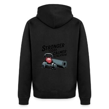 Stronger Today, Calmer Tomorrow – Fit & Zen - Unisex Premium Organic Zip Hoodie - black - Back - Nico (187cm)
