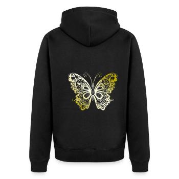Schmetterling Mandala gold - Unisex Premium Bio Zip Hoodie - Schwarz - Hinten - Nico (187cm)