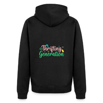 Thrift Shopper Thrifting Generation Thrift Store - Unisex Premium Bio Zip Hoodie - Schwarz - Hinten - Nico (187cm)