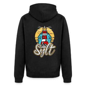 Sylt Deutschland Stadt Leuchtturm Skyline Schrift - Unisex Premium Bio Zip Hoodie - Schwarz - Hinten - Nico (187cm)