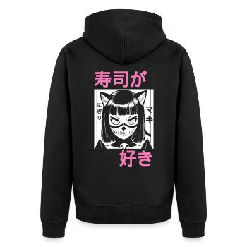 Ich Liebe Sushi - Nigiri und Maki - Unisex Premium Bio Zip Hoodie - Schwarz - Hinten - Nico (187cm)