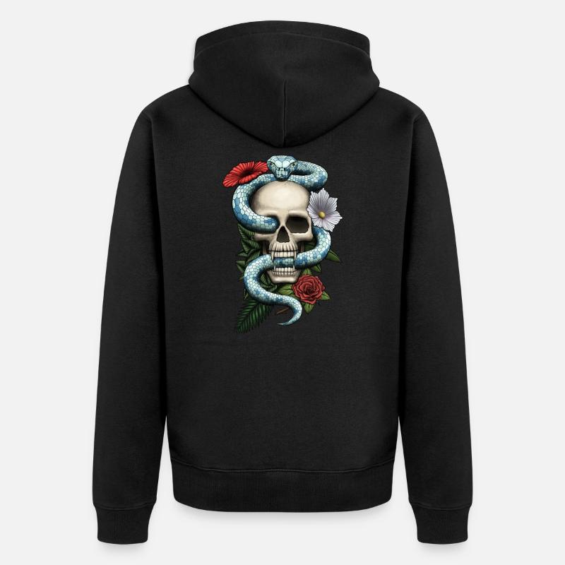 Crâne avec serpent et fleurs - Veste à capuche bio Premium Unisexe - noir