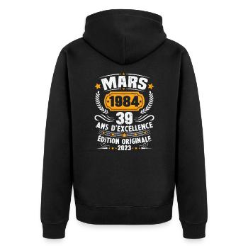 Cadeau D'anniversaire 39 Ans Mars 1984 Vintage - Veste à capuche bio Premium Unisexe - noir - Dos - Nico (187cm)