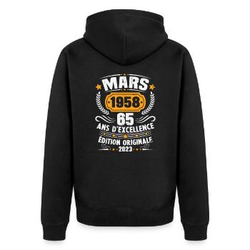 Cadeau D'anniversaire 65 Ans Mars 1958 Vintage - Veste à capuche bio Premium Unisexe - noir - Dos - Nico (187cm)