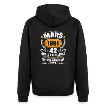 Cadeau D'anniversaire 42 Ans Mars 1981 Vintage - Veste à capuche bio Premium Unisexe - noir - Dos - Nico (187cm)