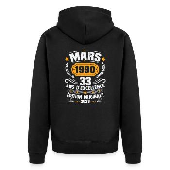 Cadeau D'anniversaire 33 Ans Mars 1990 Vintage - Veste à capuche bio Premium Unisexe - noir - Dos - Nico (187cm)