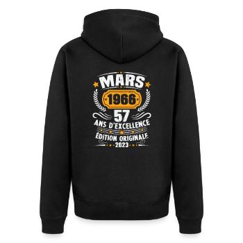 Cadeau D'anniversaire 57 Ans Mars 1966 Vintage - Veste à capuche bio Premium Unisexe - noir - Dos - Nico (187cm)