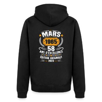 Cadeau D'anniversaire 58 Ans Mars 1965 Vintage - Veste à capuche bio Premium Unisexe - noir - Dos - Nico (187cm)