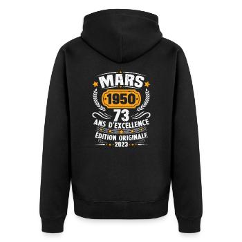Cadeau D'anniversaire 73 Ans Mars 1950 Vintage - Veste à capuche bio Premium Unisexe - noir - Dos - Nico (187cm)