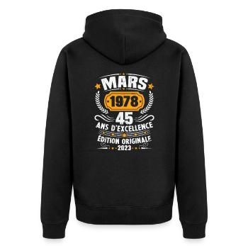 Cadeau D'anniversaire 45 Ans Mars 1978 Vintage - Veste à capuche bio Premium Unisexe - noir - Dos - Nico (187cm)
