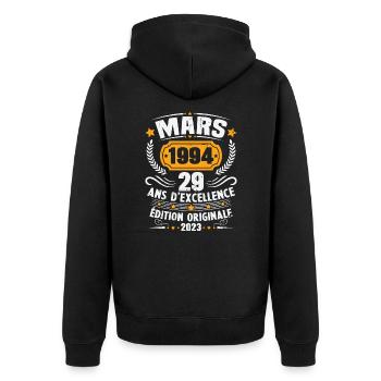 Cadeau D'anniversaire 29 Ans Mars 1994 Vintage - Veste à capuche bio Premium Unisexe - noir - Dos - Nico (187cm)