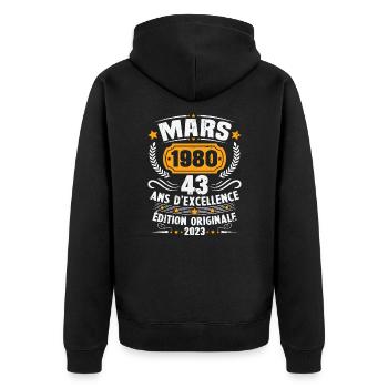 Cadeau D'anniversaire 43 Ans Mars 1980 Vintage - Veste à capuche bio Premium Unisexe - noir - Dos - Nico (187cm)