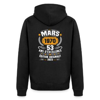 Cadeau D'anniversaire 53 Ans Mars 1970 Vintage - Veste à capuche bio Premium Unisexe - noir - Dos - Nico (187cm)