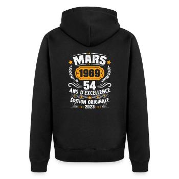 Cadeau D'anniversaire 54 Ans Mars 1969 Vintage - Veste à capuche bio Premium Unisexe - noir - Dos - Nico (187cm)