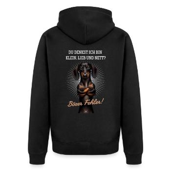 Klein, lieb und nett? Böser Fehler! - Dackel - Unisex Premium Bio Zip Hoodie - Schwarz - Hinten - Nico (187cm)