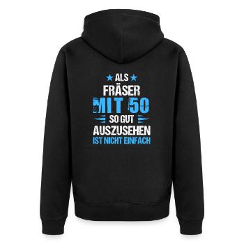 With 50 good-looking router bits - Unisex Premium Organic Zip Hoodie - black - Back - Nico (187cm)