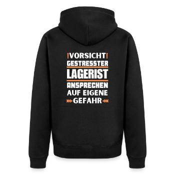 Gestresster Lagerist nicht ansprechen! - Unisex Premium Bio Zip Hoodie - Schwarz - Hinten - Nico (187cm)