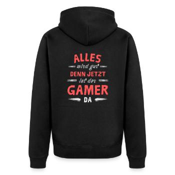 Alles wird gut denn jetzt ist der Gamer da - Unisex Premium Bio Zip Hoodie - Schwarz - Hinten - Nico (187cm)