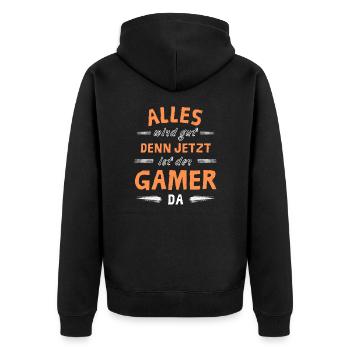 Alles wird gut denn jetzt ist der Gamer da - Unisex Premium Bio Zip Hoodie - Schwarz - Hinten - Nico (187cm)