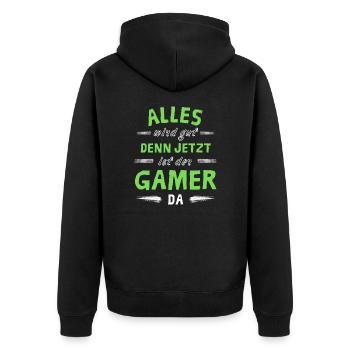 Alles wird gut denn jetzt ist der Gamer da - Unisex Premium Bio Zip Hoodie - Schwarz - Hinten - Nico (187cm)