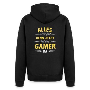Alles wird gut denn jetzt ist der Gamer da - Unisex Premium Bio Zip Hoodie - Schwarz - Hinten - Nico (187cm)