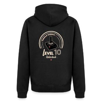 Level 10 freigeschaltet - Unisex Premium Bio Zip Hoodie - Schwarz - Hinten - Nico (187cm)