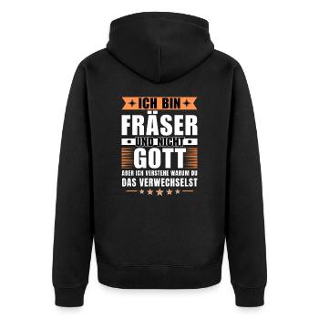Ich bin Fräser und nicht Gott - Unisex Premium Bio Zip Hoodie - Schwarz - Hinten - Nico (187cm)