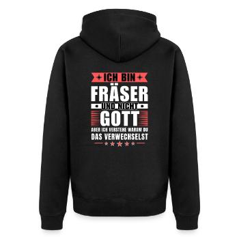 Ich bin Fräser und nicht Gott - Unisex Premium Bio Zip Hoodie - Schwarz - Hinten - Nico (187cm)