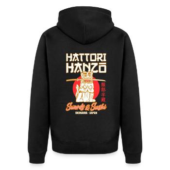 Hattori Hanzo Schwert und Japan Sushi Geschenk - Unisex Premium Bio Zip Hoodie - Schwarz - Hinten - Nico (187cm)
