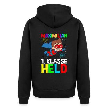 Schulkind Maximilian 1. Klasse Held - Unisex Premium Bio Zip Hoodie - Schwarz - Hinten - Nico (187cm)