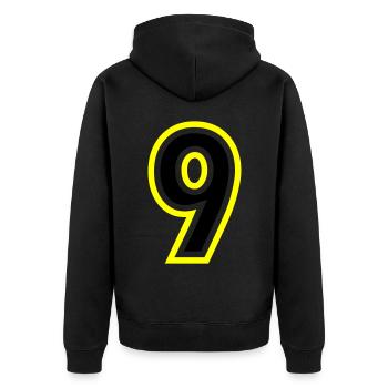 9 Zahl College - Unisex Premium Bio Zip Hoodie - Schwarz - Hinten - Nico (187cm)