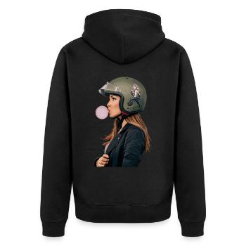 Coole Motorradfahrerin Bikerin kaut Kaugummi - Unisex Premium Bio Zip Hoodie - Schwarz - Hinten - Nico (187cm)