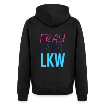 Frau fährt LKW - Unisex Premium Bio Zip Hoodie - Schwarz - Hinten - Nico (187cm)