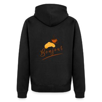 Guten Morgen - Croissant / Kaffee - Unisex Premium Bio Zip Hoodie - Schwarz - Hinten - Nico (187cm)