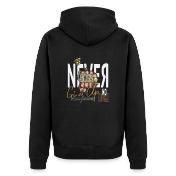 Never Give Up - Unisex Premium Organic Zip Hoodie - black - Back - Nico (187cm)
