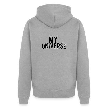 My universe - Unisex Premium Bio Zip Hoodie - Grau meliert - Hinten - Nico (187cm)