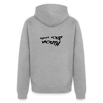 Shut your mouth - Unisex Premium Bio Zip Hoodie - Grau meliert - Hinten - Nico (187cm)