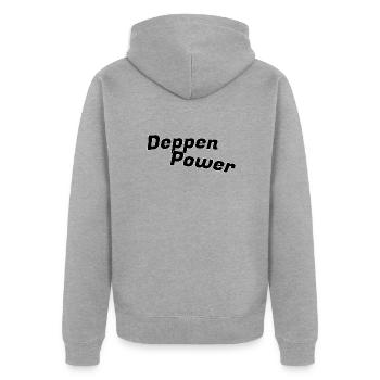 Deppenpower - Unisex Premium Bio Zip Hoodie - Grau meliert - Hinten - Nico (187cm)
