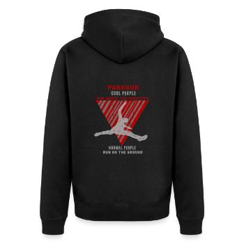 Parkour, walking above the rooftops, red grey - Unisex Premium Organic Zip Hoodie - black - Back - Nico (187cm)