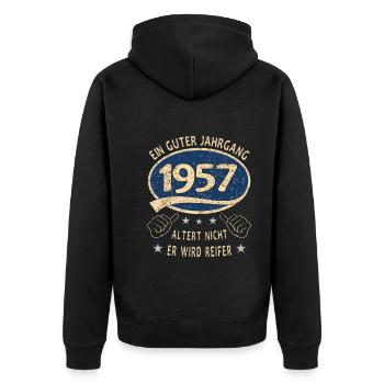 66. Geburtstag 1957 Guter Jahrgang - Unisex Premium Bio Zip Hoodie - Schwarz - Hinten - Nico (187cm)